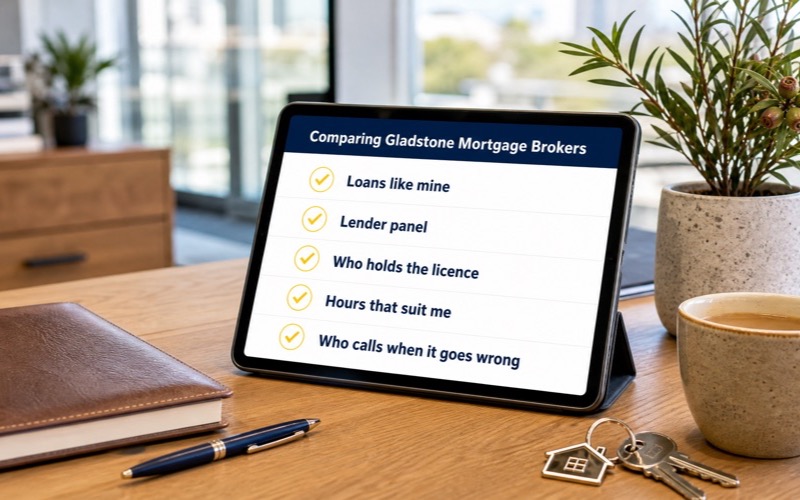 Checklist for comparing mortgage brokers in Gladstone, covering lender panel, licensing, specialisation, availability and communication